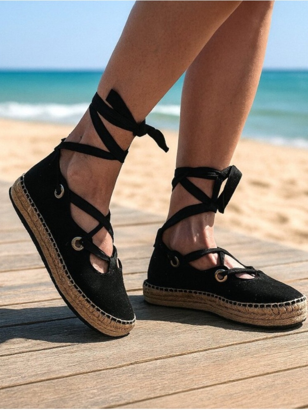 Bimba Y Lola Womens Black Suede Ankle Tie Sz 8 Ballerina Espadrille Flats Boho - Picture 6 of 6